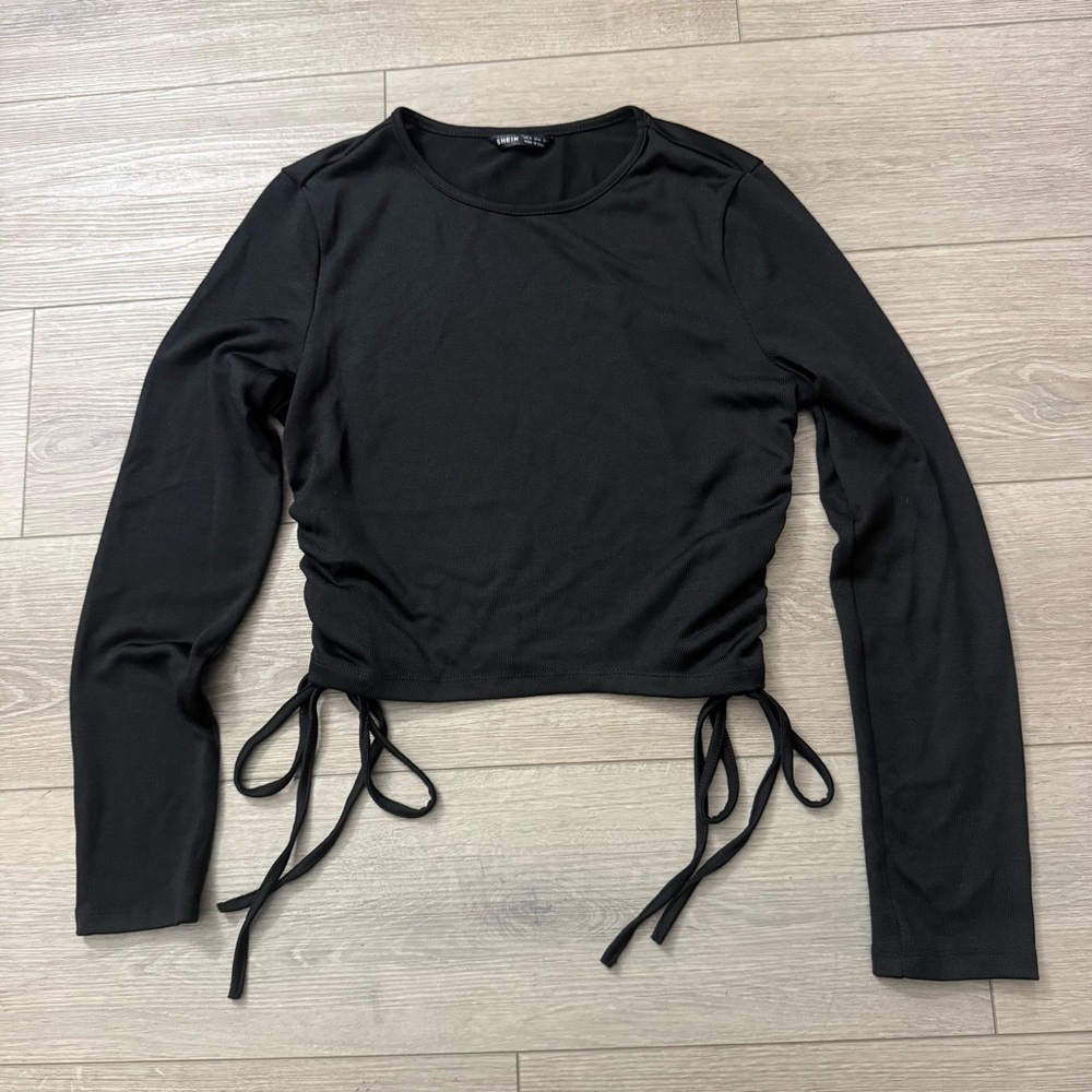 SHEIN Black Long Sleeve Tie Detail Top